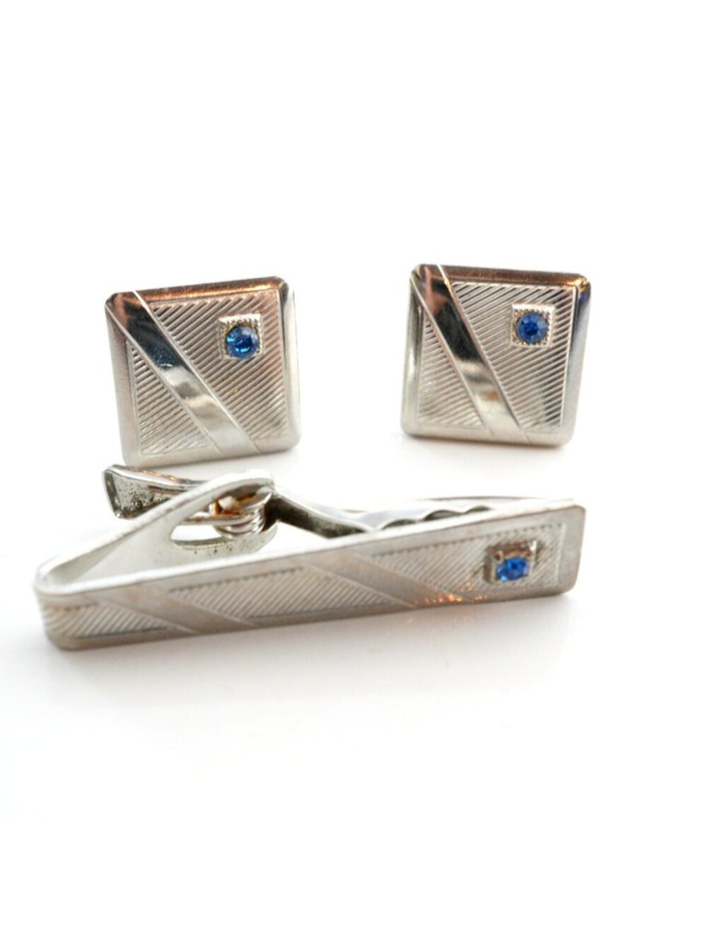 Vintage Crest Craft Square Cufflinks Tie Clip Set Silver Tone Blue Accent